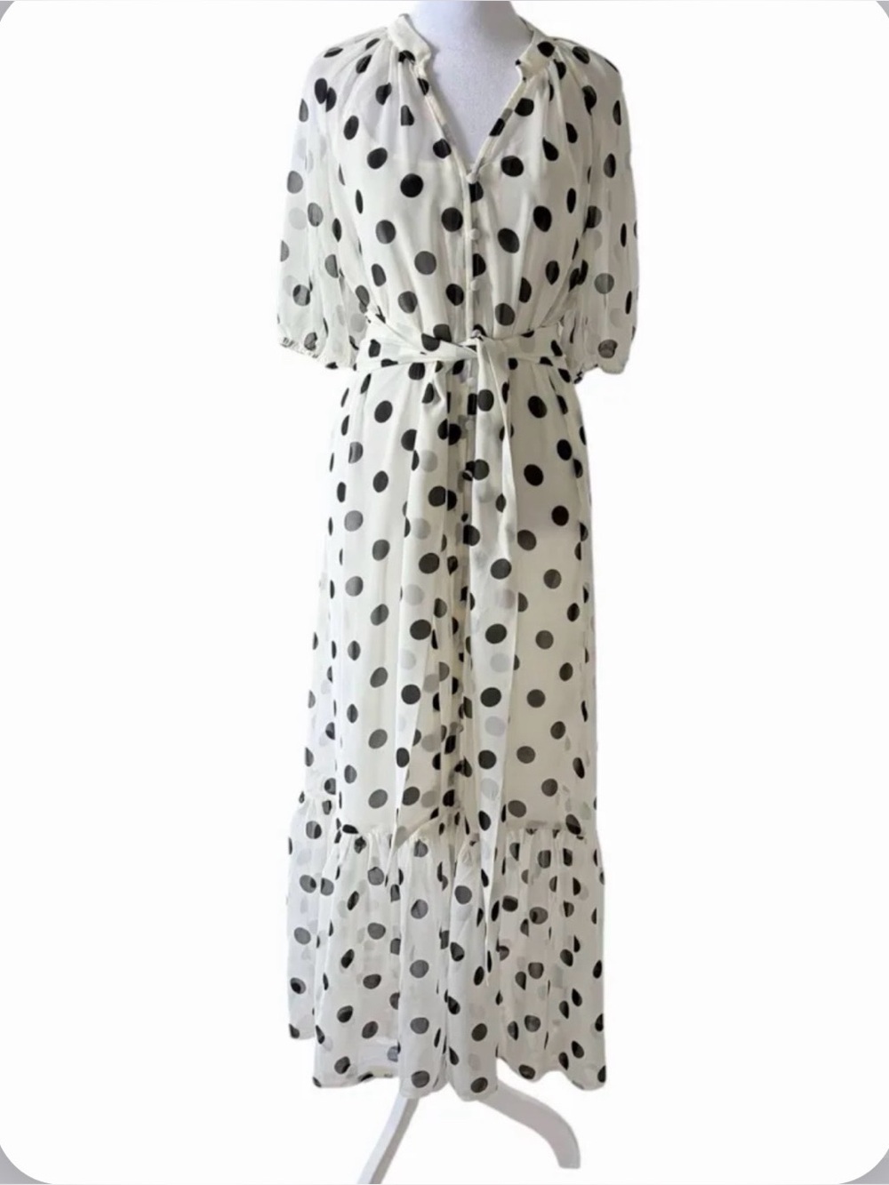 Polka Dot Wrap Midi Dress - Black on Cream